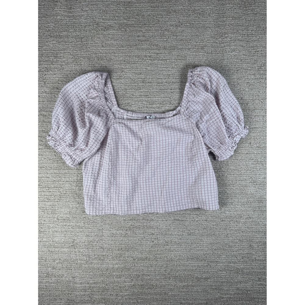 Madewell Gingham Seersucker Puff Sleeve Smocked Crop Top Mauve Pink White M